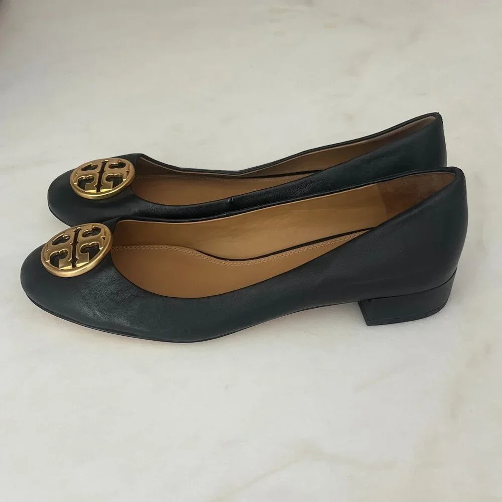 Tory Burch Black Leather Ballet Flats with Gold Logo Medallions
